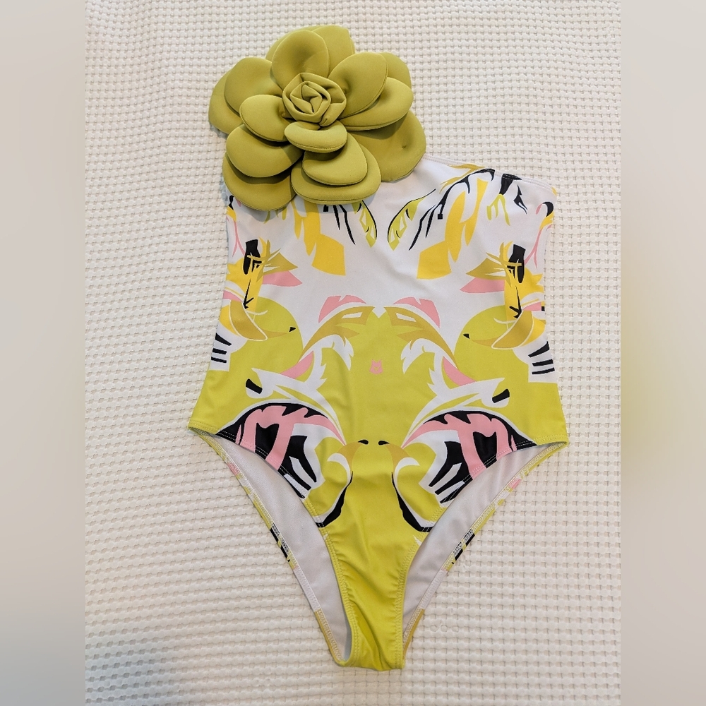 NWOT SHEIN Lime Green One Shoulder One Piece Swimsuit and Skirt Set + B&W Suit - Picture 6 of 9